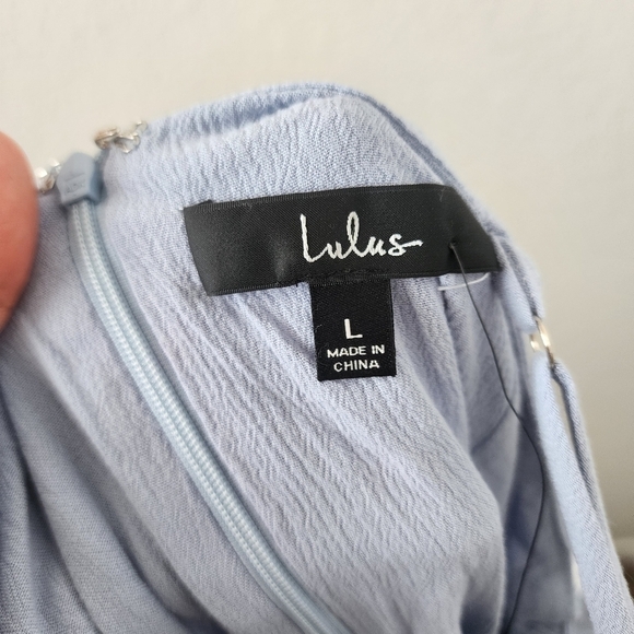 Lulus Stay Sunny Light Blue Faux Wrap Tie Midi Dress Sleeveless Overlap Skirt L - Picture 11 of 11